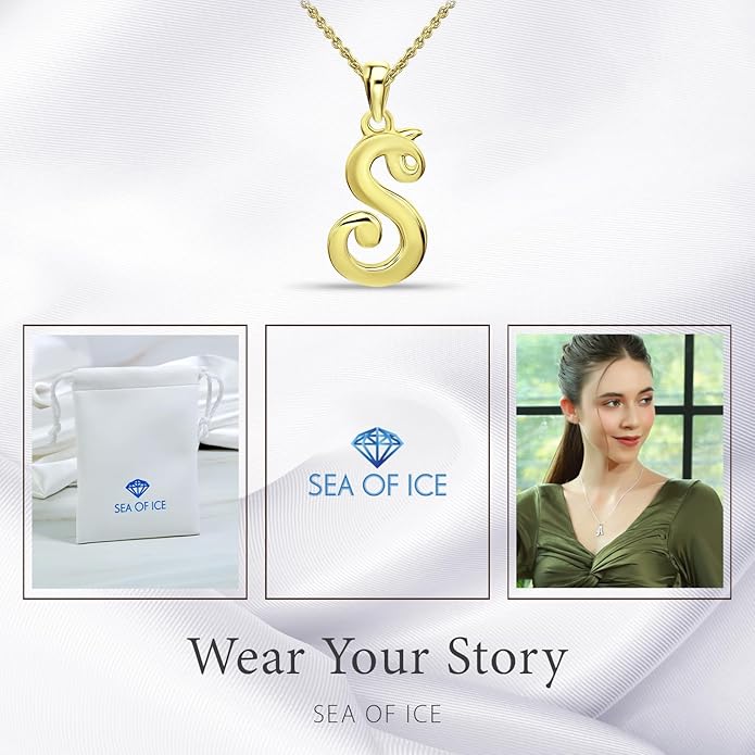 SEA OF ICE Letter Initial Necklace, Alphabet Letter Pendant Necklace, Sterling Silver, Gold, Rose Gold Necklace for Women, Elegant Initial Necklaces, Personalized Custom Women's Necklaces