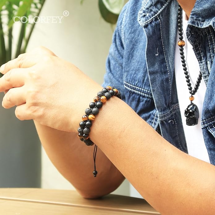 Triple Protection Bracelet for Men Women, Genuine Premium Tiger Eye Black Onyx and Lava Rock 8mm Handmade Bead Bracelet Healing Crystal Protection Bracelets Bring Luck and Prosperity and Happiness