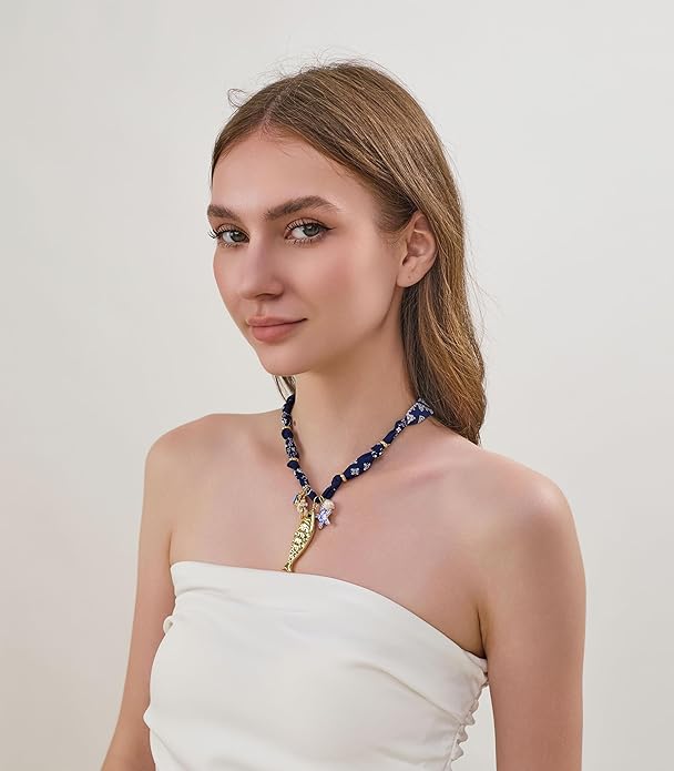 CLASSYZINT Gold Fish Necklace Blue Bead Necklace Boho Ocean Necklace Summer Jewelry for Women