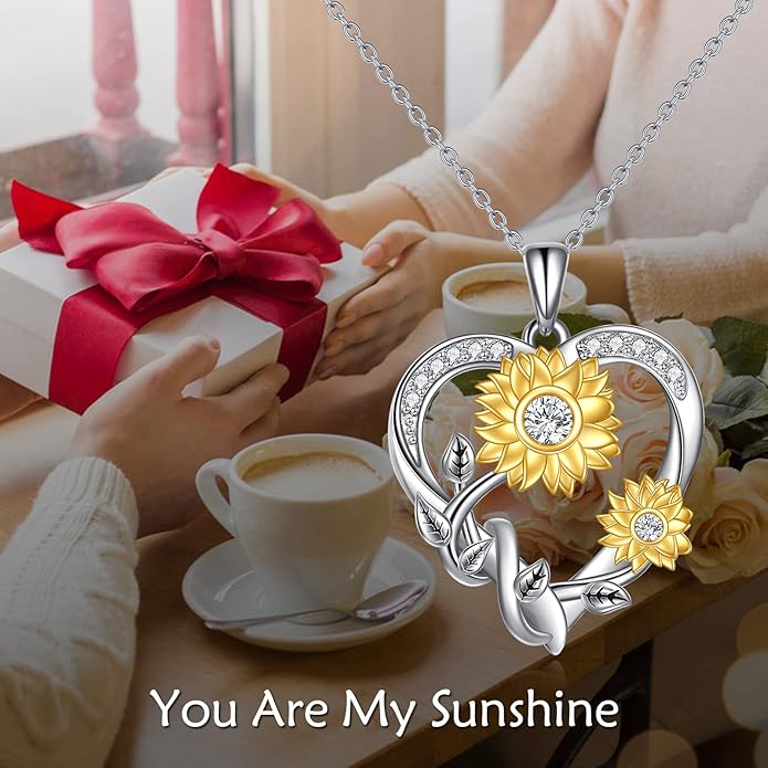 Sunflower Necklace for Women, 18K Gold Plated Silver Moissanite Sunflower Heart/Cross Pendant Necklace You are My Sunshine Gifts Sunflower Jewelry Birthday Christmas Mothers Day Gifts for Her Girlfriend Wife