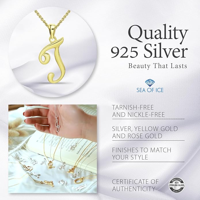 SEA OF ICE Letter Initial Necklace, Alphabet Letter Pendant Necklace, Sterling Silver, Gold, Rose Gold Necklace for Women, Elegant Initial Necklaces, Personalized Custom Women's Necklaces