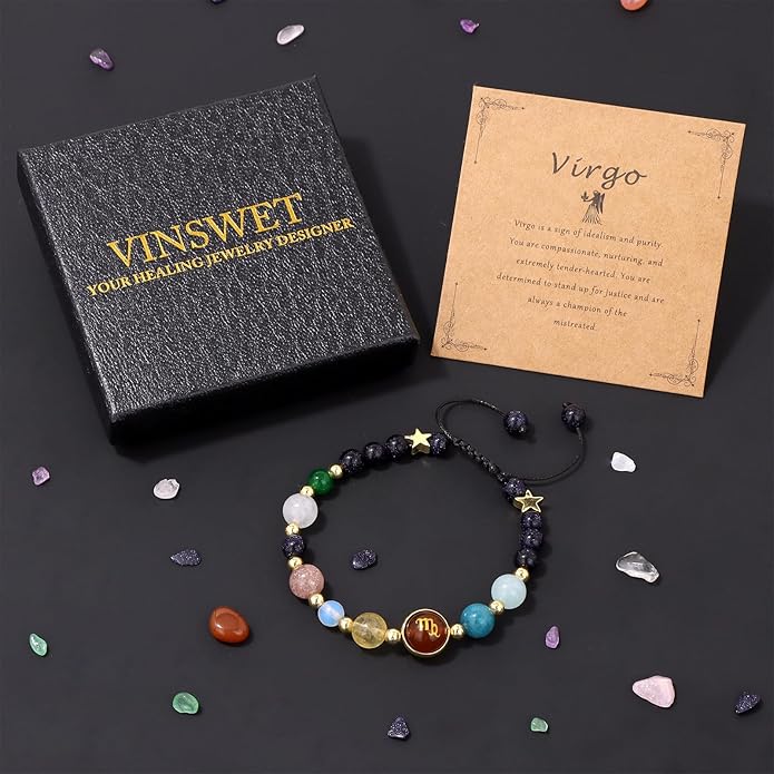 Zodiac Bracelets for Women Men,12 Constellations Healing Crystal Stone Beads Bracelet Birthday Zodiac Gifts Horoscope Spiritual Jewelry Bracelet Gifts