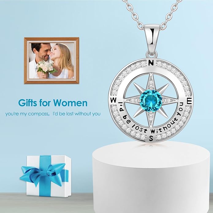 Compass Necklace Gifts for Women wife - S925 Sterling Silver Birthstone Necklaces for Women - Anniversary Birthday Gifts for Her Wife Girlfriend - Valentines Mom Mothers Day Christmas Gifts Jewelry for Women