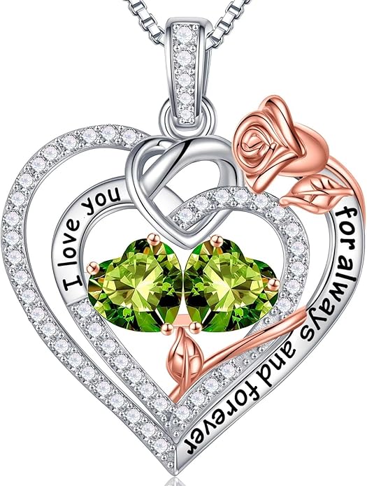 Iefil Rose Heart Necklace Gifts for Wife Women - 925 Sterling Silver Double Birthstone Necklace, Anniversary Birthday Gifts for Women, Jewelry Gift for Wife Girlfriend Mom Her