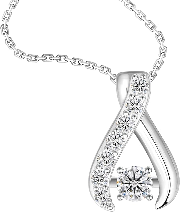 Sterling Silver Moissanite Pendant Necklace, 0.3 CT Center Stone, Curved Design with Crystal Accents