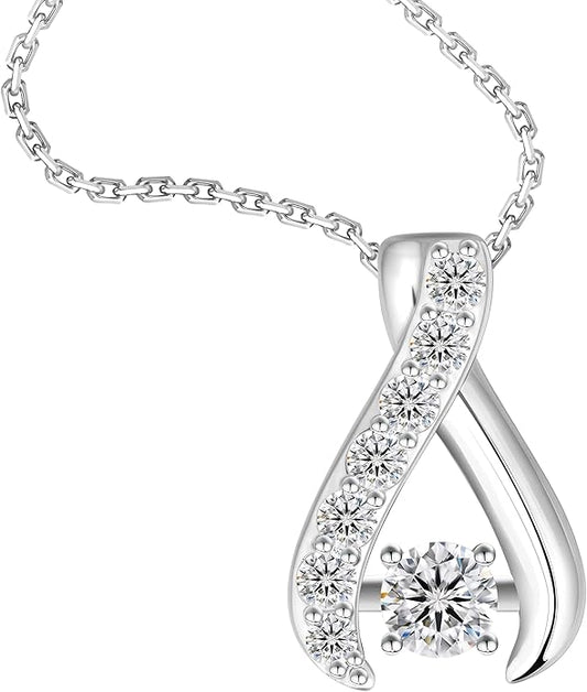 Sterling Silver Moissanite Pendant Necklace, 0.3 CT Center Stone, Curved Design with Crystal Accents