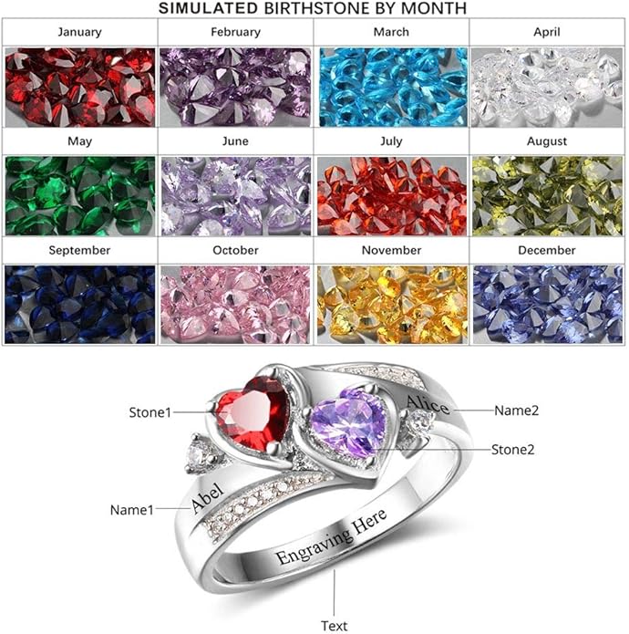 Sterling Silver Personalized mothers ring with 2 birthstones family jewelry gift for her promise ring customized name engraved ring