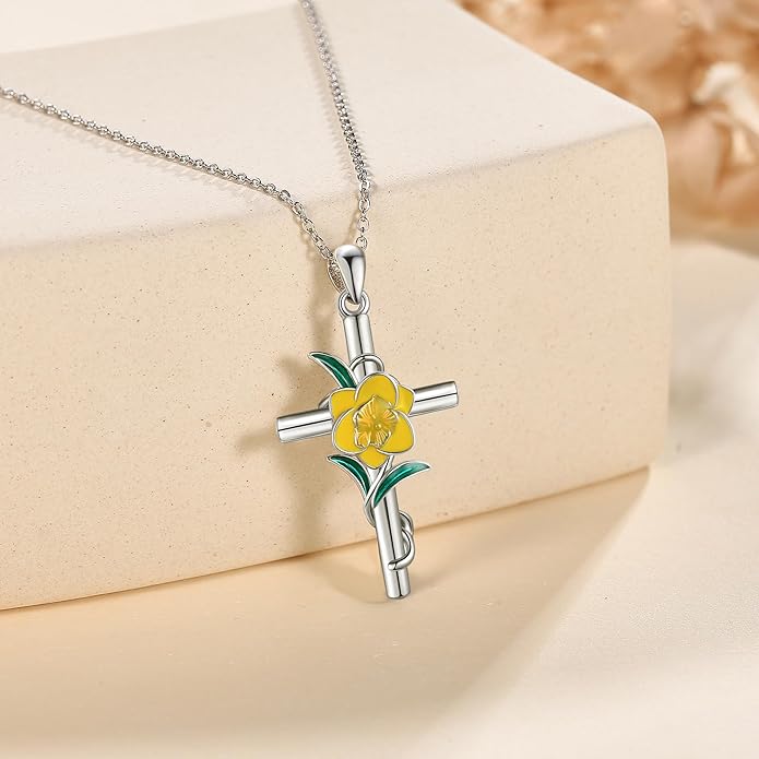 Flower Cross Necklace 925 Sterling Silver Carnation/Rose/Lily/Daisy Cross Necklace Birth Flower Jewelry for Women