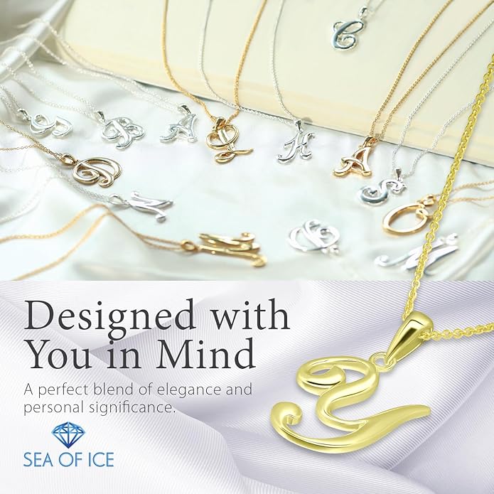 SEA OF ICE Letter Initial Necklace, Alphabet Letter Pendant Necklace, Sterling Silver, Gold, Rose Gold Necklace for Women, Elegant Initial Necklaces, Personalized Custom Women's Necklaces