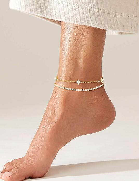 RLMOON Gold Anklets for Women CZ Ankle Bracelet 14K Gold Plated Waterproof Dainty Layered Tennis Heart Dot Chain Silver Clover Anklet Trendy Foot Jewelry