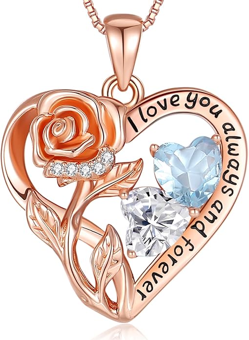 925 Sterling Silver Double Birthstone Rose Flower Heart Jewelry Necklaces for Women Anniversary Love Forever Necklaces for Her Birthday Gifts for Wife Girlfriend Mom Mothers Day Rose Gold
