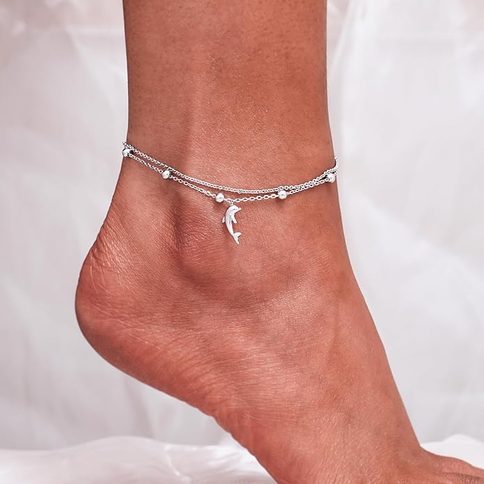 CHIC & ARTSY Womens Sterling Silver Created Opal Layered Anklet Bracelet Dainty Beaded Chain Adjustable 11" Best Friend Anklet