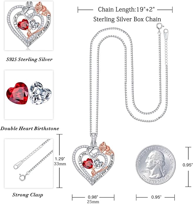 Iefil Rose Heart Necklace Gifts for Wife Women - 925 Sterling Silver Double Birthstone Necklace, Anniversary Birthday Gifts for Women, Jewelry Gift for Wife Girlfriend Mom Her