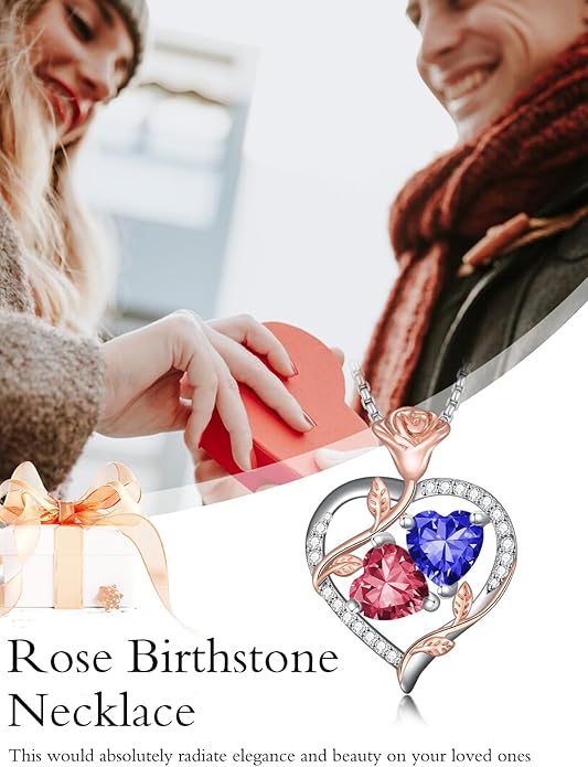 Jewelry for Her Double Heart Rose Birthstone Pendant Necklace Anniversary Jewelry Christmas Birthday Gifts for Women Wife Girlfriend