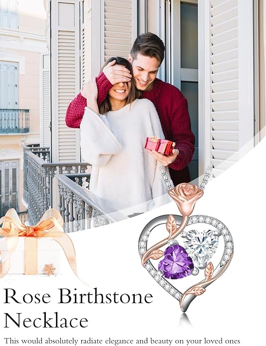 Jewelry for Her Double Heart Rose Birthstone Pendant Necklace Anniversary Jewelry Christmas Birthday Gifts for Women Wife Girlfriend