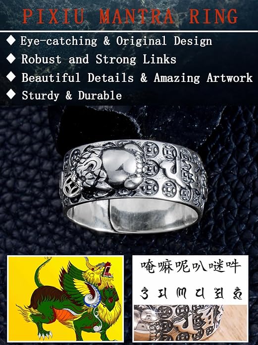 Seiyang Feng Shui Ring 925 Stering Silver Pixiu Mantra Ring Protection Wealth Adjustable Rings Gift for Men Women (with Gift Box)