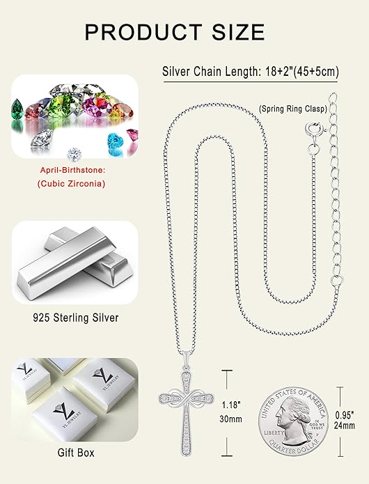 YL 925 Sterling Silver Cross Necklace for Women Halo Infinity Pendant Birthstone Jewelry for Mom