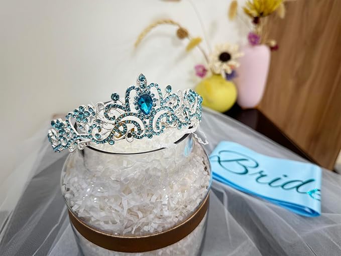 JETKONG 3 Pcs Bachelorette Party Decorations Bridal Shower Crown, Bride to Be Sash&Veil for Women Bachelorette Party Gifts, Bachelorette Party Supplies, Gifts, Favors (Blue)