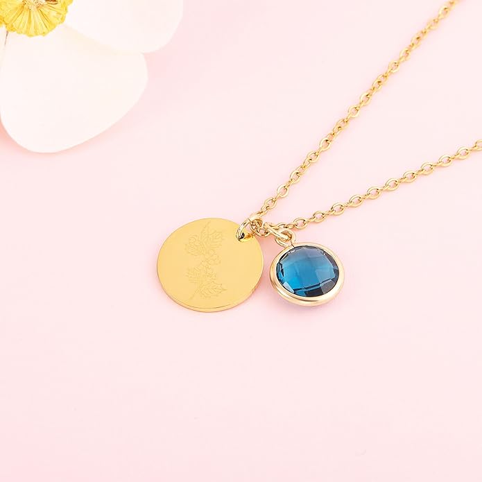 14k Gold Plated Birth Month Flower Birthstone Pendant Necklace, Floral Charm Necklace for Women Birthday Gift