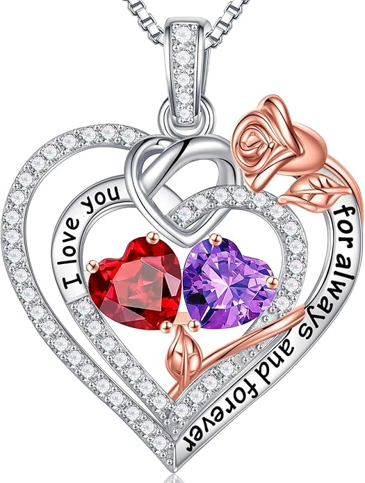 Iefil Rose Heart Necklace Gifts for Wife Women - 925 Sterling Silver Double Birthstone Necklace, Anniversary Birthday Gifts for Women, Jewelry Gift for Wife Girlfriend Mom Her