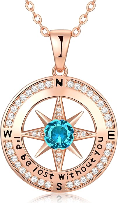 Compass Necklace Gifts for Women wife - S925 Sterling Silver Birthstone Necklaces for Women - Anniversary Birthday Gifts for Her Wife Girlfriend - Valentines Mom Mothers Day Christmas Gifts Jewelry for Women