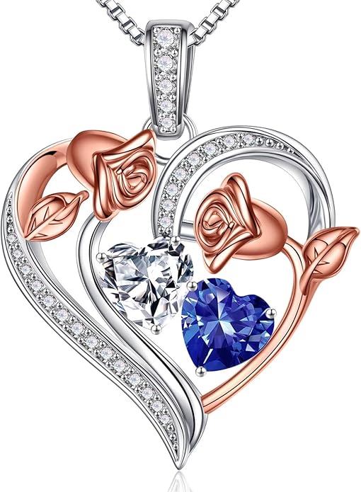 Iefil Birthstone Necklace for Women - 925 Sterling Silver Rose Heart Necklace, Birthstone Jewelry, Anniversary Birthday Gifts for Wife Girlfriend Mom Daughter