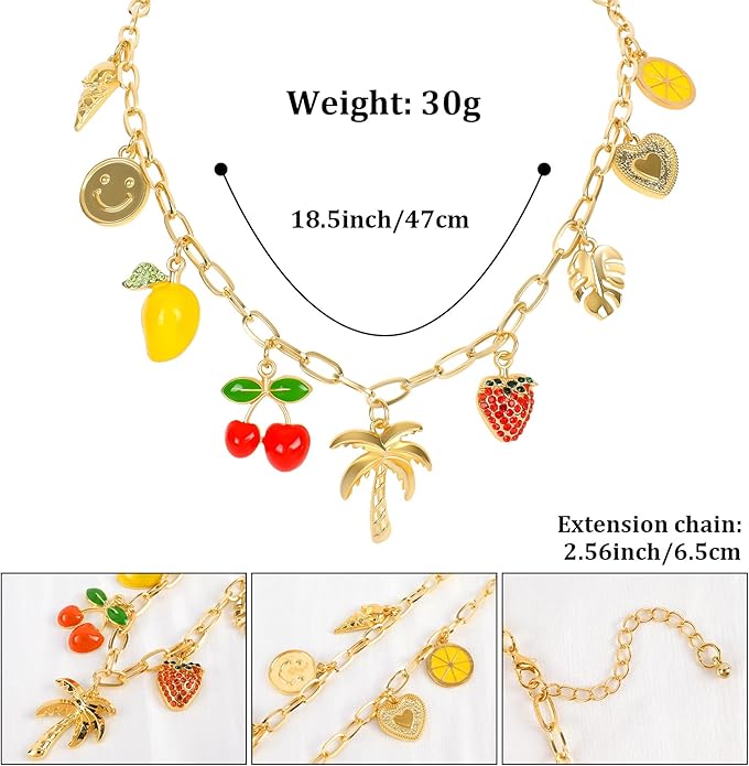 Gold Plated Paperclip Chain Beach Charm Necklace for Women Cute Shell Bow Dainty Beachy Starfish Pearl Seashell Strawberry Fruit Heart Mermaid Summer Jewelry Gift
