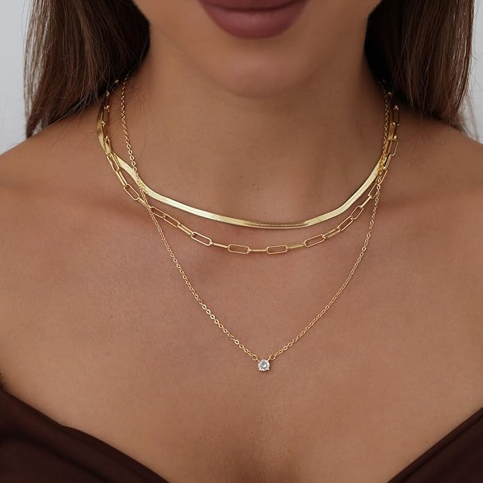 ASCOMY Layered Necklaces for Women Dainty Gold Necklace 14K Gold Plated Herringbone Necklace for Women Pearl Cross Necklace Paperclip Cuban Figaro Rope Satellite Chain Gold Choker Trendy Jewelry Gift