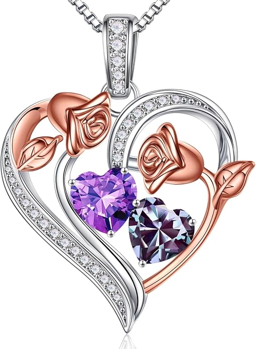Iefil Birthstone Necklace for Women - 925 Sterling Silver Rose Heart Necklace, Birthstone Jewelry, Anniversary Birthday Gifts for Wife Girlfriend Mom Daughter