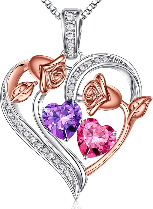 Iefil Birthstone Necklace for Women - 925 Sterling Silver Rose Heart Necklace, Birthstone Jewelry, Anniversary Birthday Gifts for Wife Girlfriend Mom Daughter