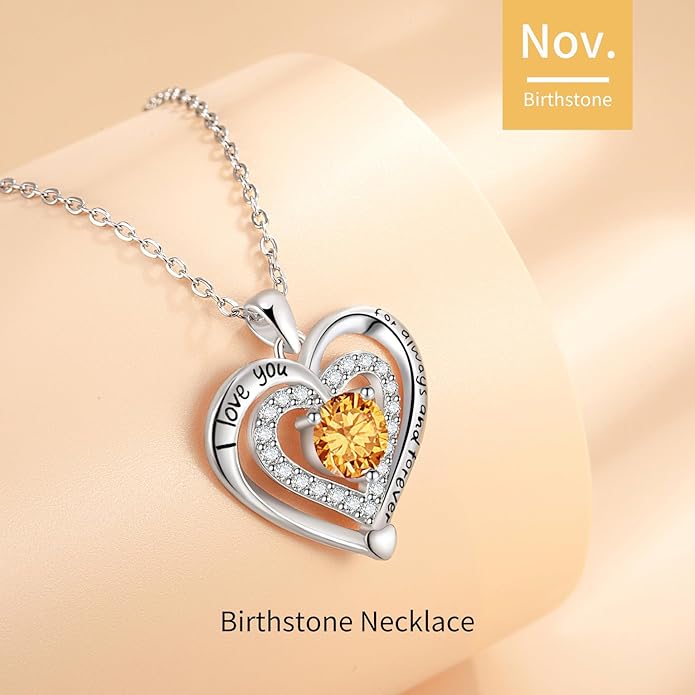 Heart Necklace, I Love You Always & Forever, Birthstone Cubic Zirconia Pendant, Gift for Women