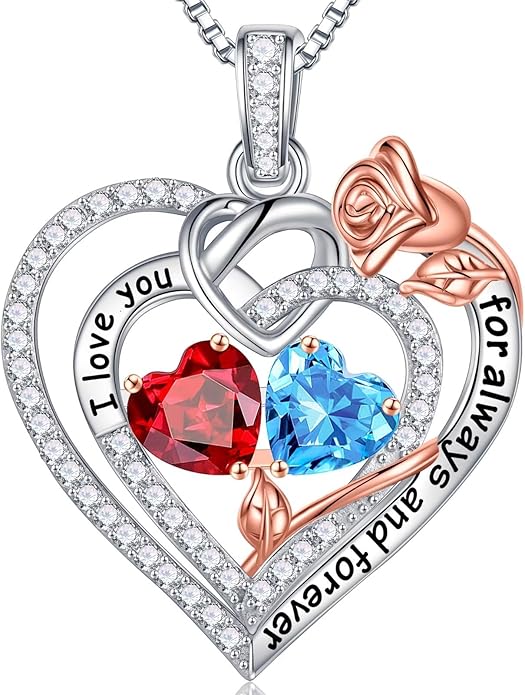 Iefil Rose Heart Necklace Gifts for Wife Women - 925 Sterling Silver Double Birthstone Necklace, Anniversary Birthday Gifts for Women, Jewelry Gift for Wife Girlfriend Mom Her