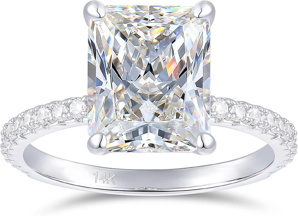 14K White Gold Moissanite Engagement Ring 4 Carat 8x10mm Radiant Cut Moissanite Rings 4-Prong 14K Gold Engagement Ring for Women