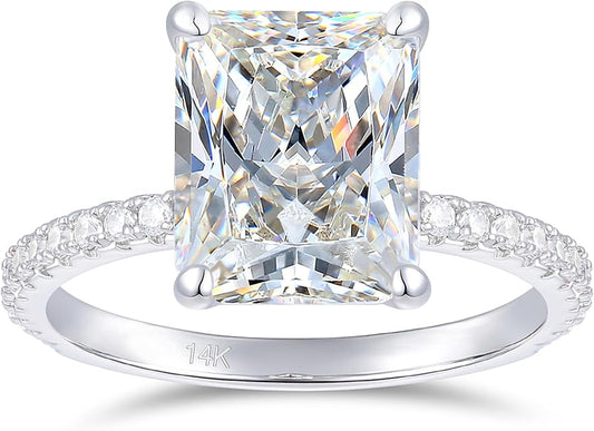 14K White Gold Moissanite Engagement Ring 4 Carat 8x10mm Radiant Cut Moissanite Rings 4-Prong 14K Gold Engagement Ring for Women