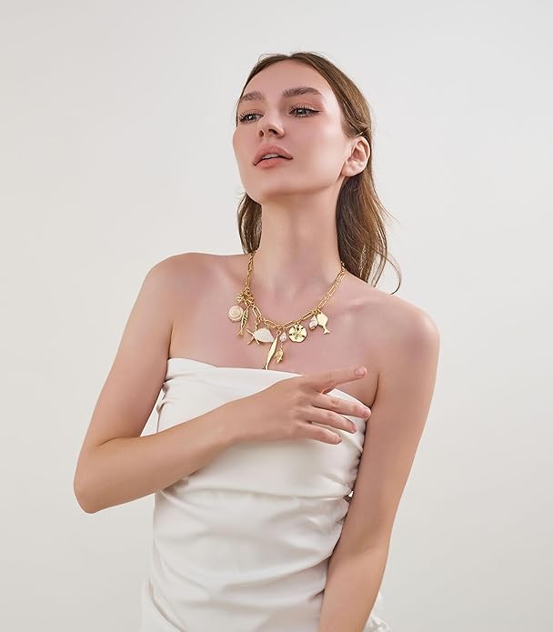 CLASSYZINT Gold Ocean Charms Necklace Shell Starfish Fish Necklace Chunky Acrylic Boho Beach Jewelry