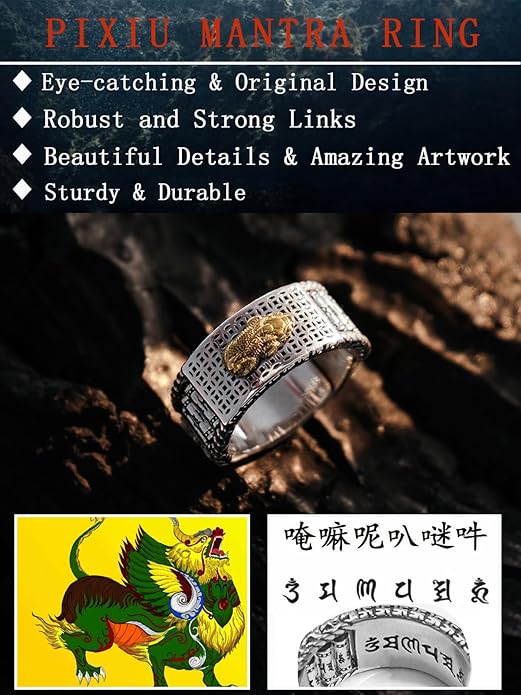 Seiyang Feng Shui Ring 925 Stering Silver Pixiu Mantra Ring Protection Wealth Adjustable Rings Gift for Men Women (with Gift Box)