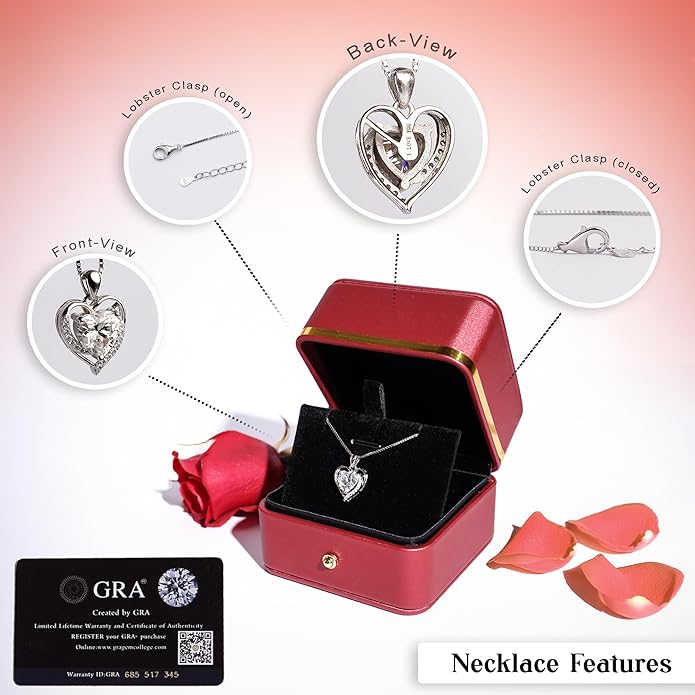 Moissanite Heart Pendant Necklace for Women, 2-Carat Real Sterling Silver Necklace Chain Engraved with 'I Love You' Ideal Anniversary or Christmas Gift for wife,Girlfriend & Mom - Heart Shaped Necklace Perfect Birthday Jewelry Gift