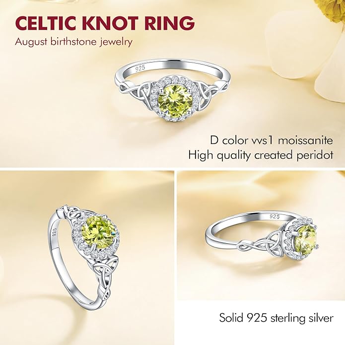 DAYBYDAY Celtic Birthstone Rings for Women 925 Sterling Silver Heart/Round/Pear/Oval Created Gemstone Moissanite Halo Engagement Promise Rings for Her Wife Birthday Anniversary Wedding Jewelry