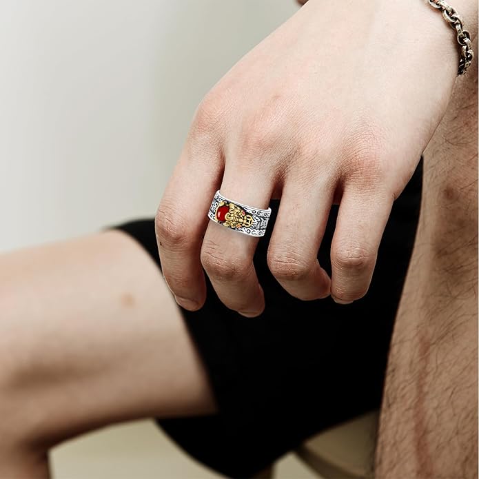 Seiyang Feng Shui Ring 925 Stering Silver Pixiu Mantra Ring Protection Wealth Adjustable Rings Gift for Men Women (with Gift Box)