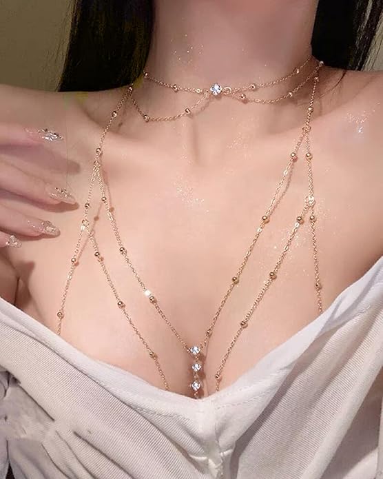 QWALIT Silver Gold Body Chain Jewelry for Women Rhinestone Body Chain with Necklace Gold Bra Chains Top Lingerie Chain Jewelry Sexy