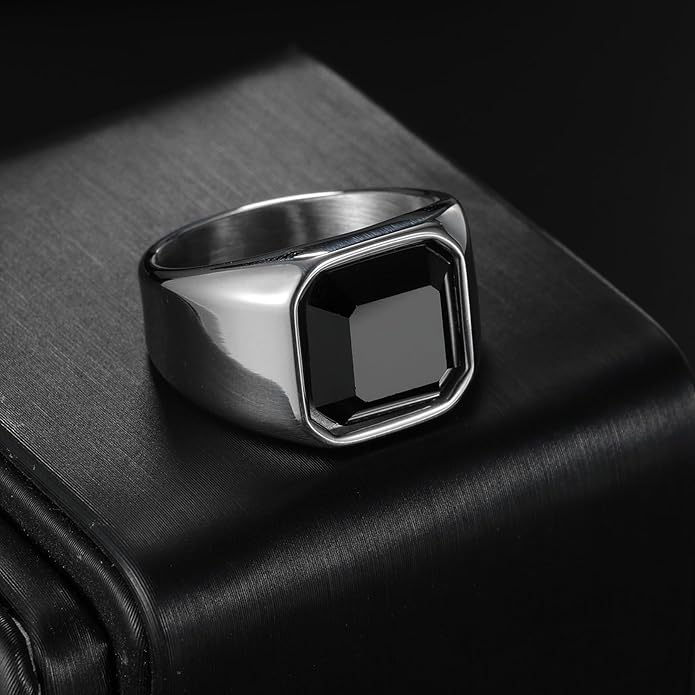 Mens Signet Rings Stainless Steel Pinky Ring for Men Women Silver/Black/Gold Square Cool Finger Ring, Gift for Dad Husband