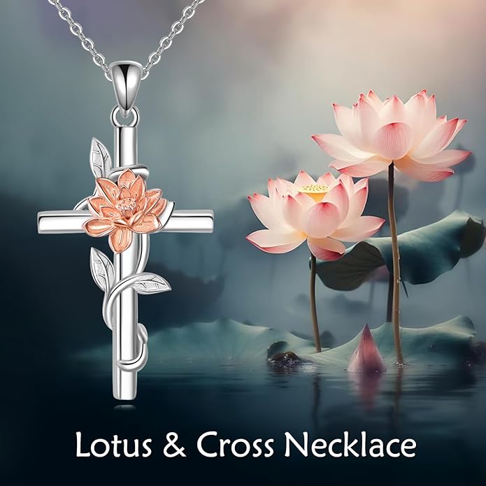 Flower Cross Necklace 925 Sterling Silver Carnation/Rose/Lily/Daisy Cross Necklace Birth Flower Jewelry for Women