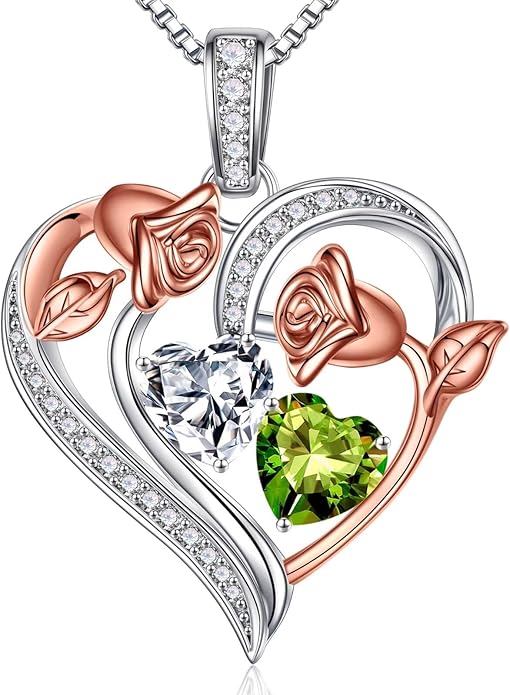 Iefil Birthstone Necklace for Women - 925 Sterling Silver Rose Heart Necklace, Birthstone Jewelry, Anniversary Birthday Gifts for Wife Girlfriend Mom Daughter