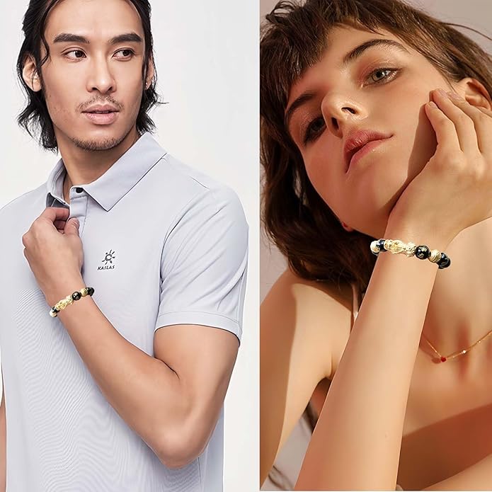 Feng Shui Bracelet 24K Gold Plated PiXiu, Colored Eyes Obsidian Dragon Protection Bracelet Meditation Decompression Prayer Beads Lucky Wealth Bracelets for Men Women(12mm)