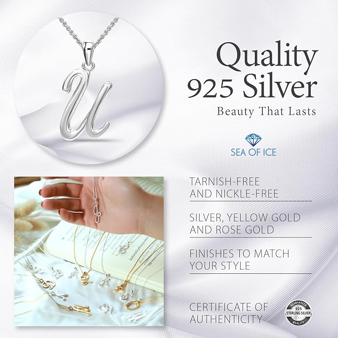 SEA OF ICE Letter Initial Necklace, Alphabet Letter Pendant Necklace, Sterling Silver, Gold, Rose Gold Necklace for Women, Elegant Initial Necklaces, Personalized Custom Women's Necklaces