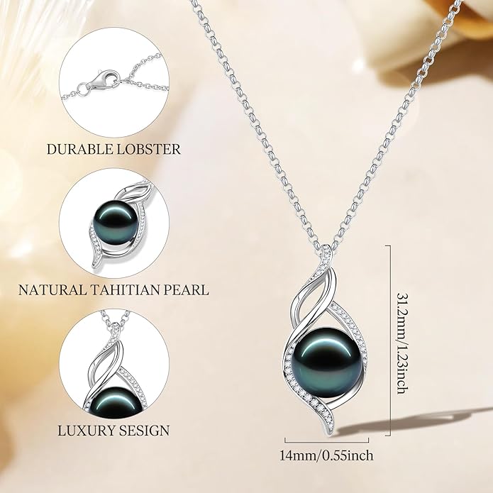 FANCIME Gift for Women Wife Natural Tahitian Pearl Necklace Sterling Silver Mysterious Ocean Treasure 10-12MM Black Pearl Luxury Jewelry Gift for Women, Mother, Wife, 16"+2" Adjustable