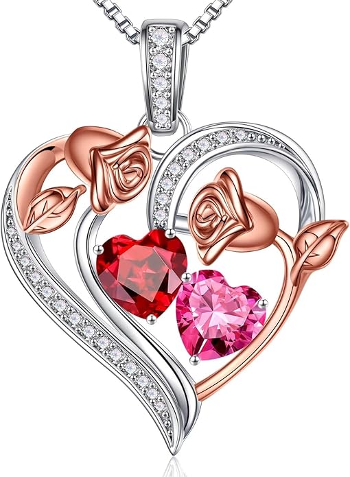 Iefil Birthstone Necklace for Women - 925 Sterling Silver Rose Heart Necklace, Birthstone Jewelry, Anniversary Birthday Gifts for Wife Girlfriend Mom Daughter
