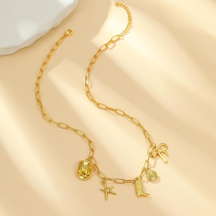 Choistily Charm Necklace Dainty Gold Western Outfit Beach Jewelry for Women Trendy Cowgirl Accessories for Women Gold Bow Sea Shell Pendant Necklace Preppy Stuff Summer Jewelry 2025