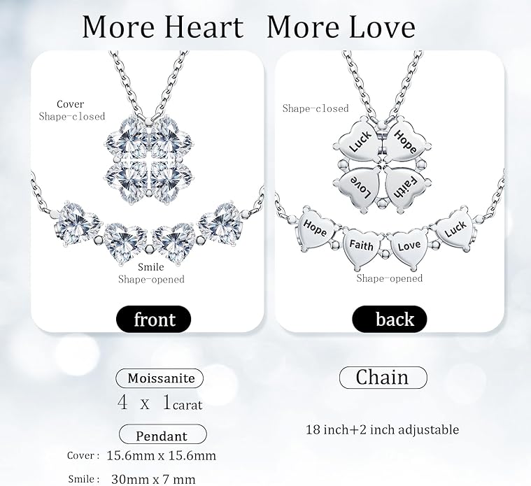 Luckylove 4-Leaf Clover & 4-Heart Smile 2-In-1 Necklace for Women, 4 x 1-0.5 ct Heartshape Moissanite, Sterling Silver Jewelry, Anniversary Birthday Christmas Valentines Day Gifts For Wife Girlfriend Her