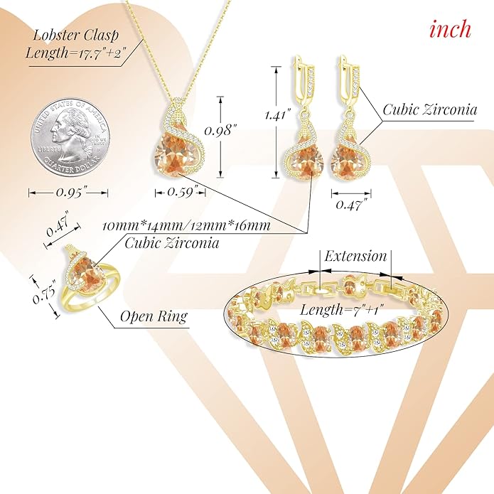 GZWHD Jewelry Set for Women Water Drop Cubic Zirconia Artificial Crystal Earrings Pendant Necklace Open Ring Tennis Bracelet Wedding Anniversary Birthday Engagement Gift for Bridesmaid Wife Girlfriend Friend